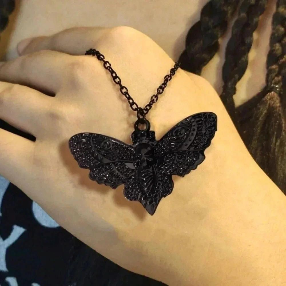 Black vintage style moth Gothic butterfly necklace jewelry with chain skull bug